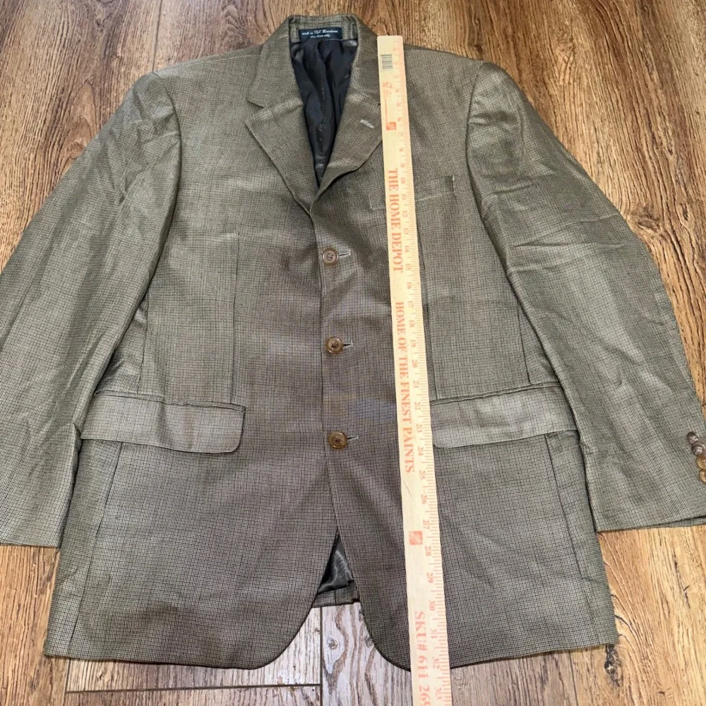 Andrew Fezza Fusion Silk Super 100s Wool Blazer Mens 40R Brown Micro Check